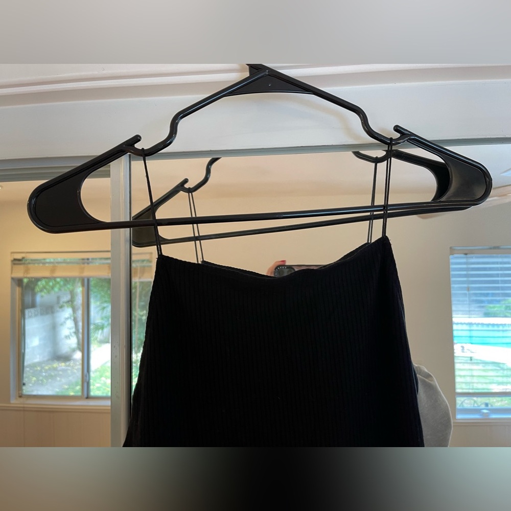 Sleek Sexy Reformation Black Ribbed fitted Midi Dress with thin spaghetti straps - Picture 8 of 15
